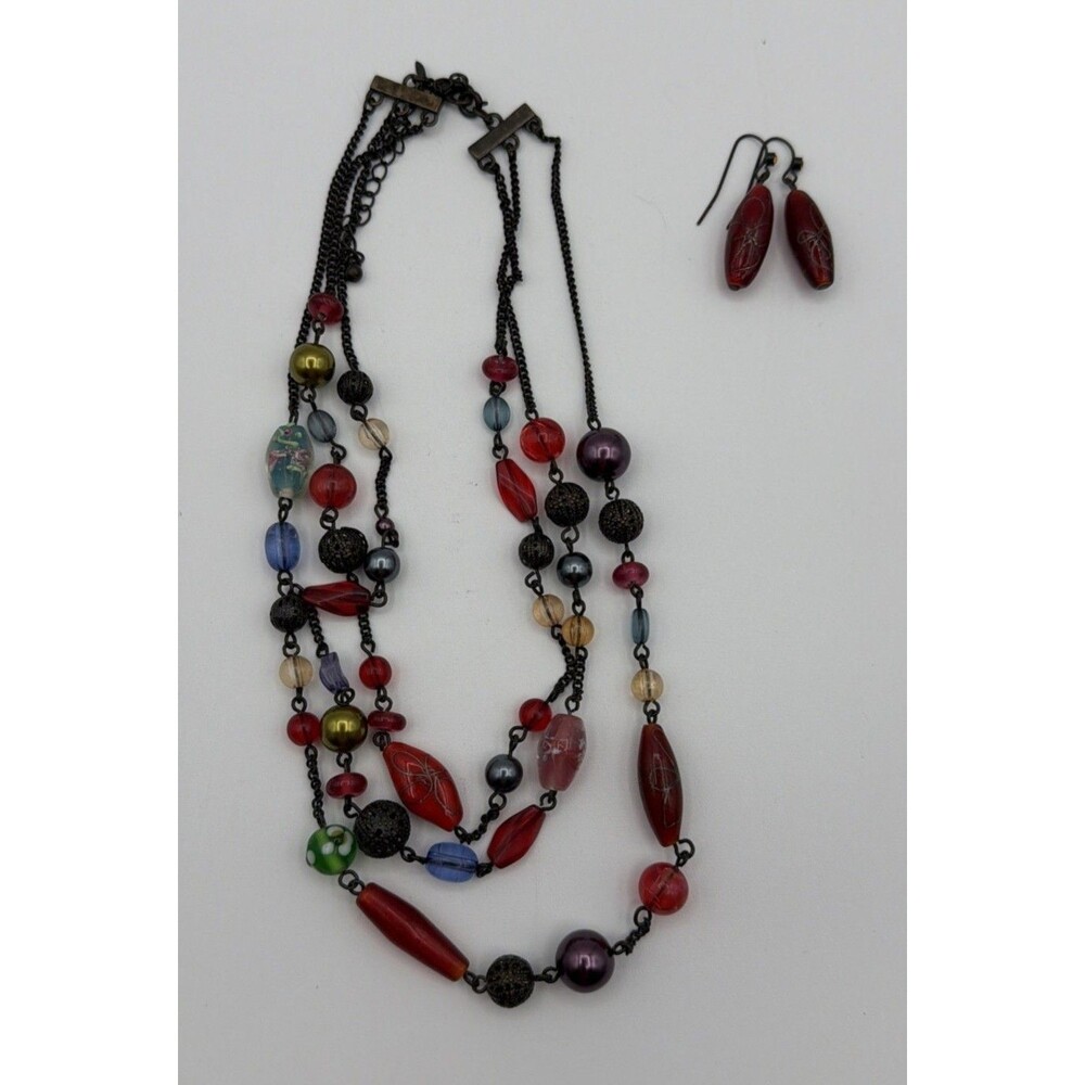 Vintage Avon Multi Strand Beaded Necklace & Earrings Set Red Multicolor